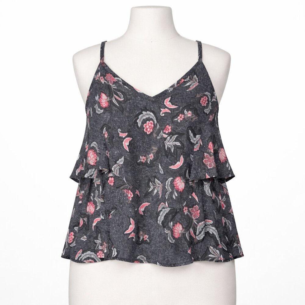 Torrid Floral Cami Top Womens 1 Black Pink Boho Ruffle Tiered Strappy V-Neck